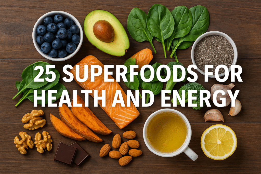 Flat lay of colorful superfoods on a rustic wooden table with bold white text overlay reading '25 Superfoods for Health and Energy'