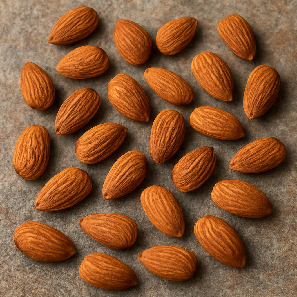 Raw almonds scattered on a rustic textured surface – vitamin E rich superfood for heart health and glowing skin
