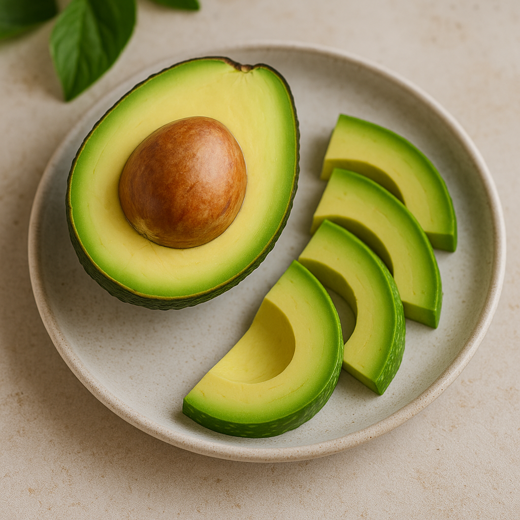 Halved avocado with seed and sliced pieces on a ceramic plate, rich in healthy fats and nutrients.