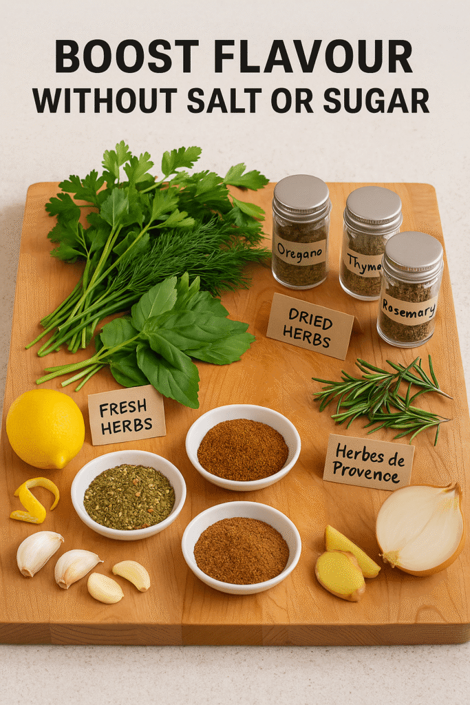 Fresh and dried herbs displayed on a wooden cutting board with jars of oregano, thyme, rosemary, spice blends, garlic, ginger, onion, and lemon zest — natural flavor boosters for healthy, no-salt, no-sugar cooking.