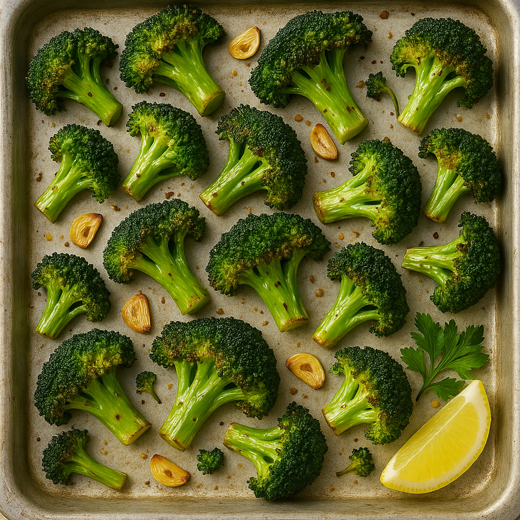 Roasted broccoli florets with garlic on a baking tray – nutrient-rich superfood for immunity, digestion, and heart health
