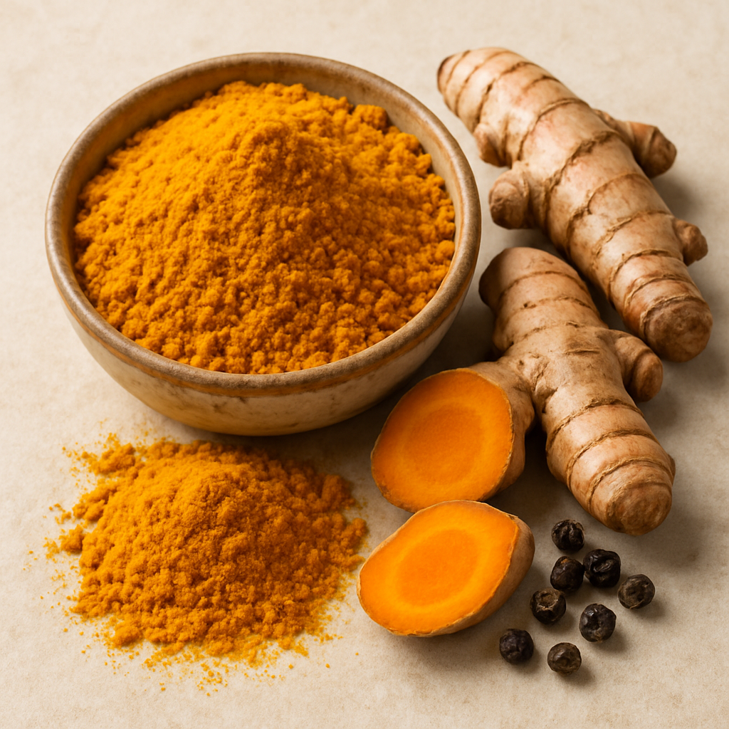 Ground turmeric powder in a rustic bowl with fresh turmeric root and black peppercorns on a beige surface – anti-inflammatory superfood for immunity and wellness
