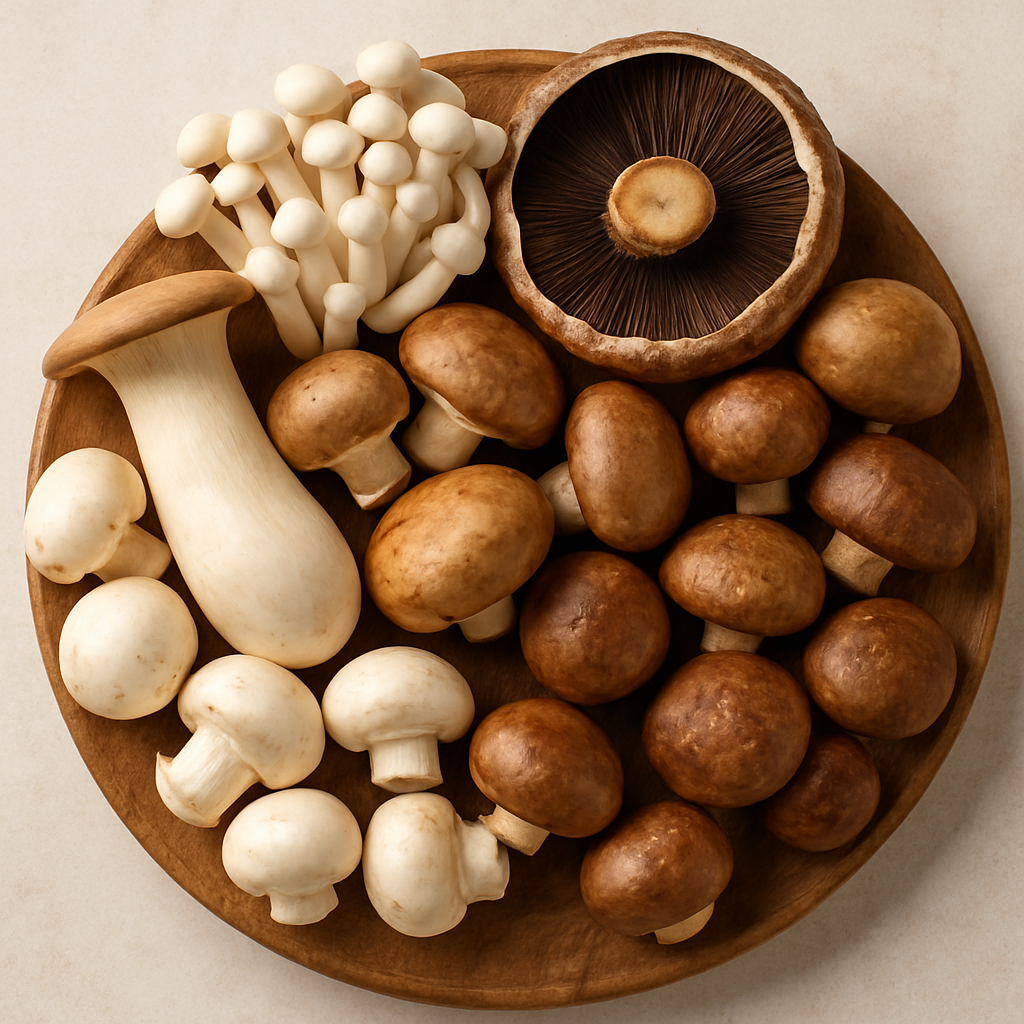 Assorted fresh mushrooms including portobello, shiitake, button, and shimeji arranged on a wooden board – nutrient-rich superfood for immunity and wellness