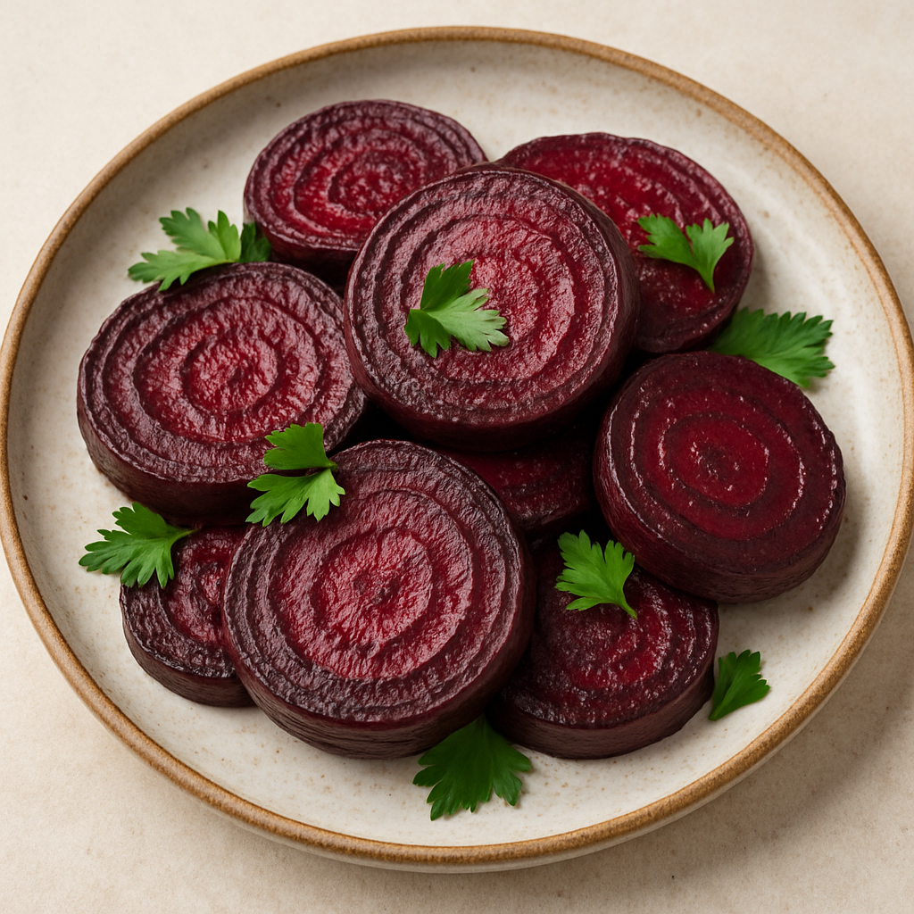 Roasted beet slices arranged on a ceramic plate with fresh parsley garnish – nitrate-rich superfood for stamina, heart health, and immunity
