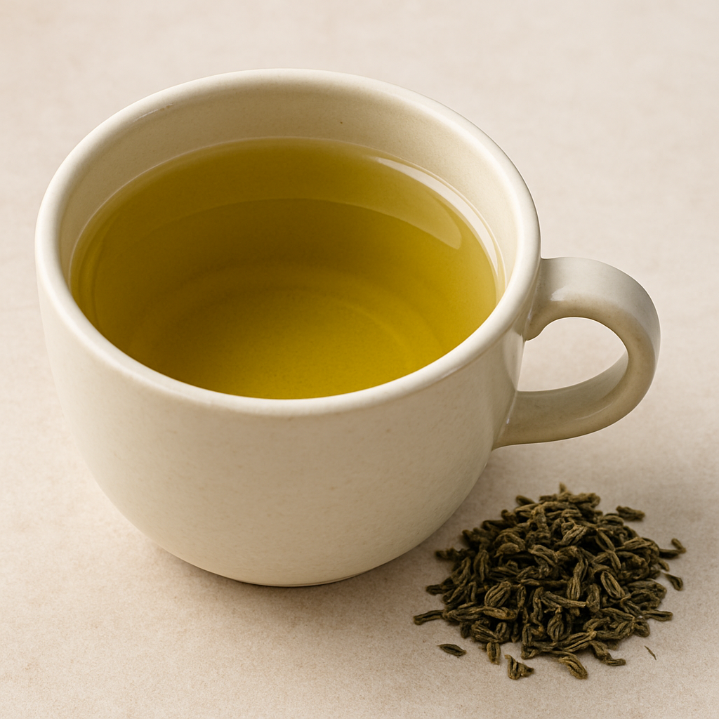 Cup of freshly brewed green tea with loose dried tea leaves beside it – antioxidant-rich superfood drink for energy, focus, and heart health
