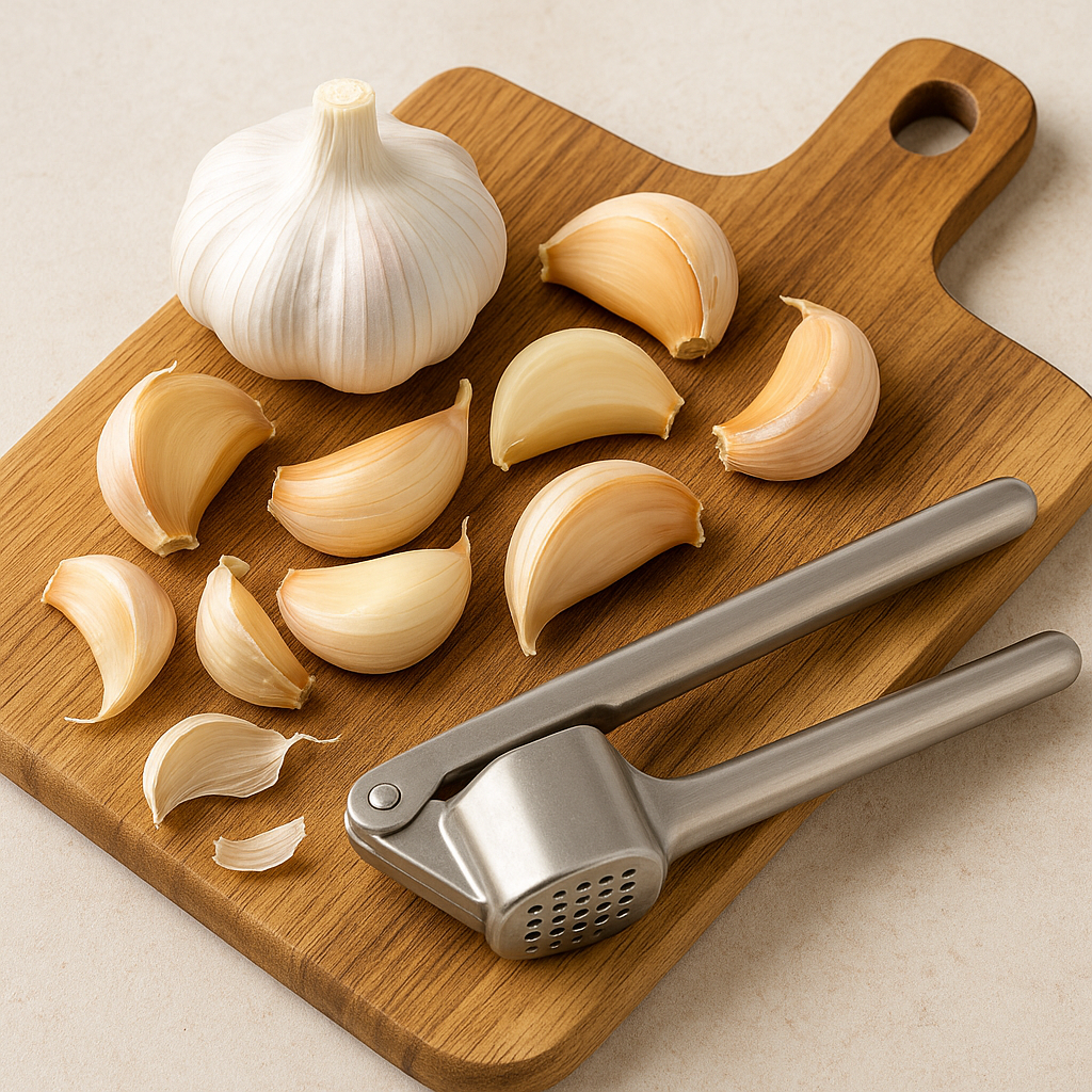 Garlic cloves and a stainless steel garlic press on a wooden cutting board – immune-boosting superfood rich in allicin