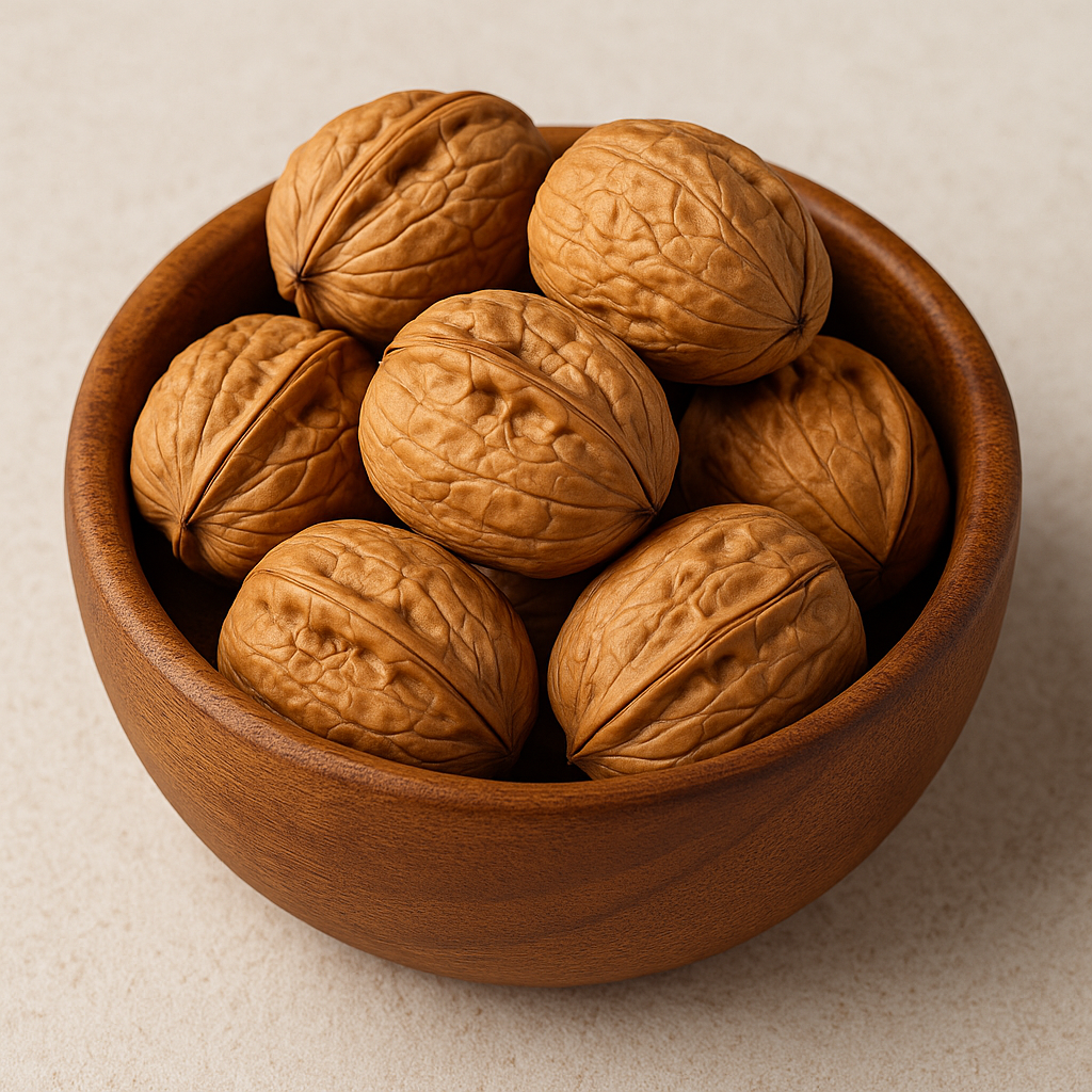 A handful of whole walnuts in a small wooden bowl – nutrient-dense superfood rich in omega-3 fatty acids and antioxidants for brain and heart health