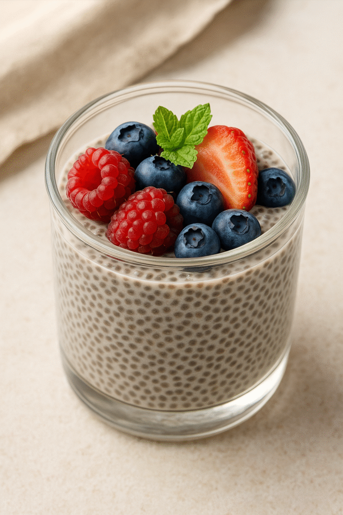 Chia seed pudding in a glass jar topped with fresh blueberries, raspberries, strawberry, and mint – fiber and omega-3 rich superfood dessert