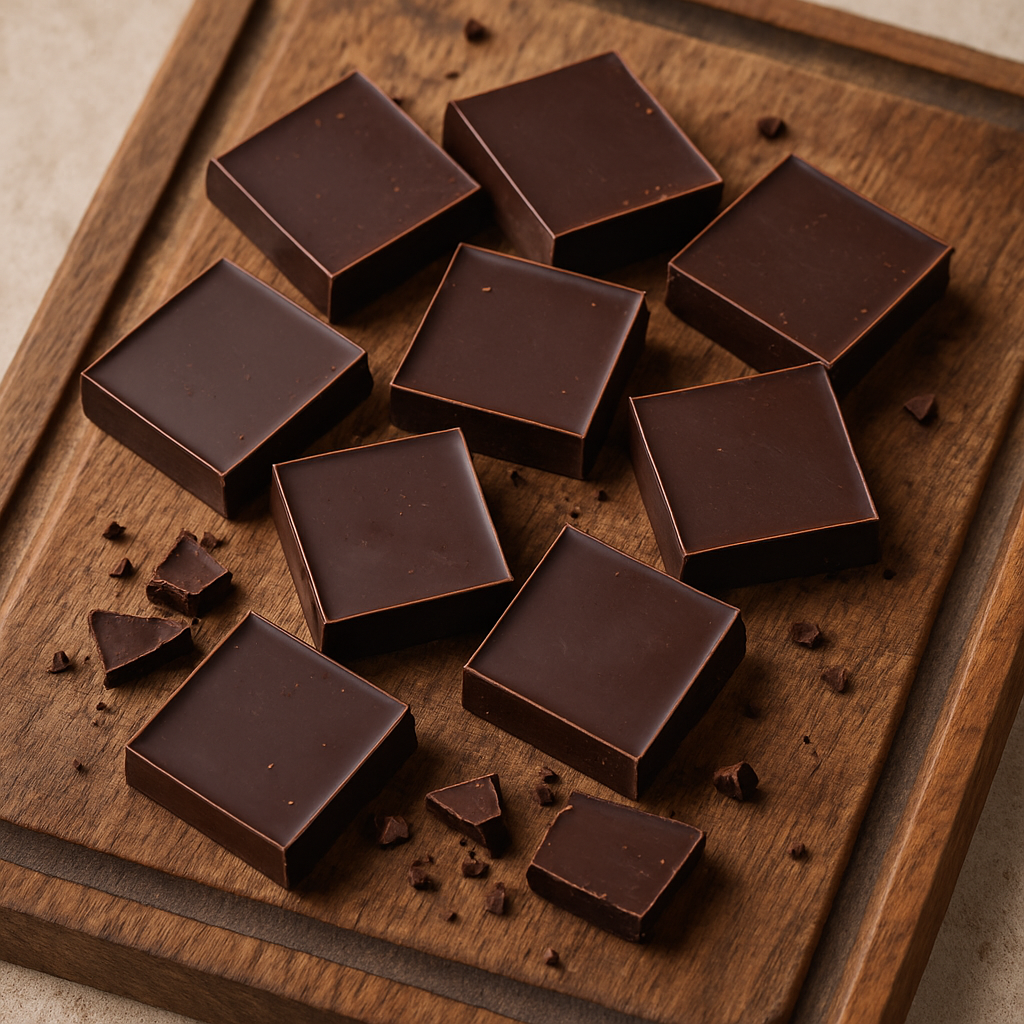 Dark chocolate squares on a rustic wooden board – antioxidant-rich superfood for heart health, mood, and circulation