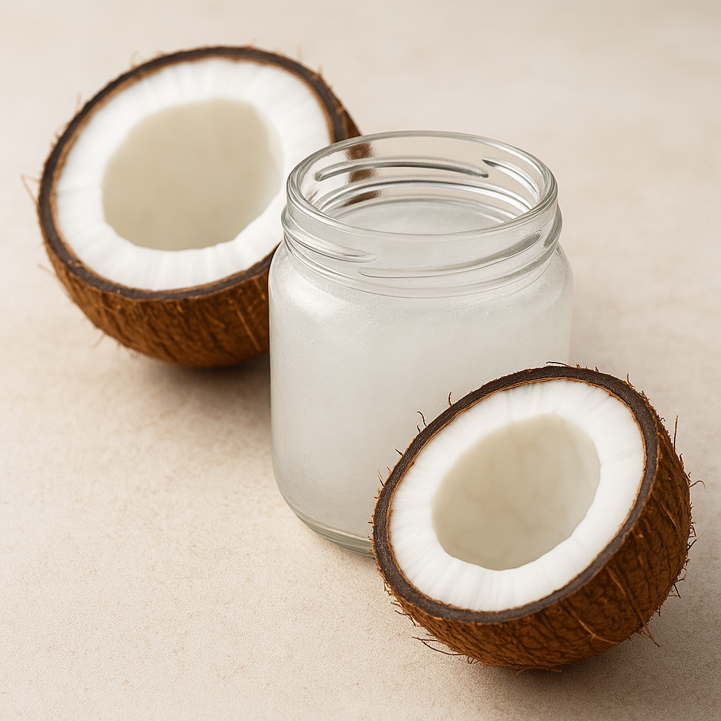 Glass jar of coconut oil with fresh coconut halves – healthy fat superfood for energy, immunity, and wellness