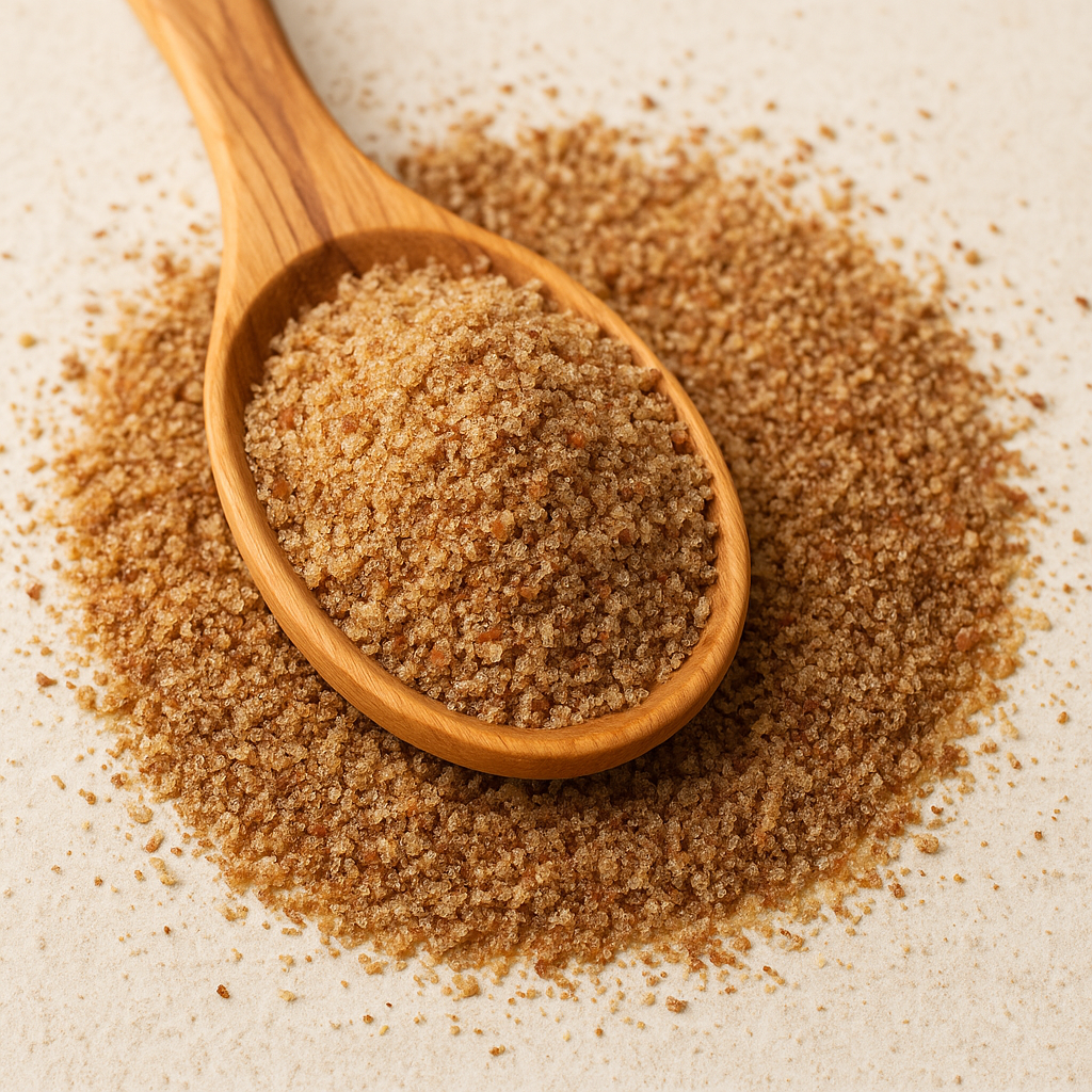 Ground flaxseeds in a wooden spoon on a textured surface – omega-3 rich superfood for heart health, digestion, and hormone balance