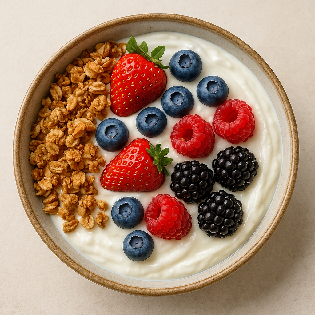 Greek yogurt bowl topped with crunchy granola, fresh strawberries, blueberries, raspberries, and blackberries – probiotic-rich superfood for gut health and immunity
