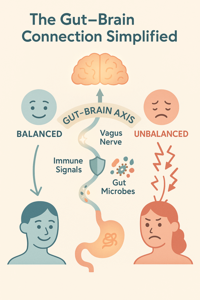 Gut–brain axis infographic showing brain–stomach link via vagus nerve, immune signals, and gut microbes. Balanced = calm digestion; unbalanced = stress and stomach knots.