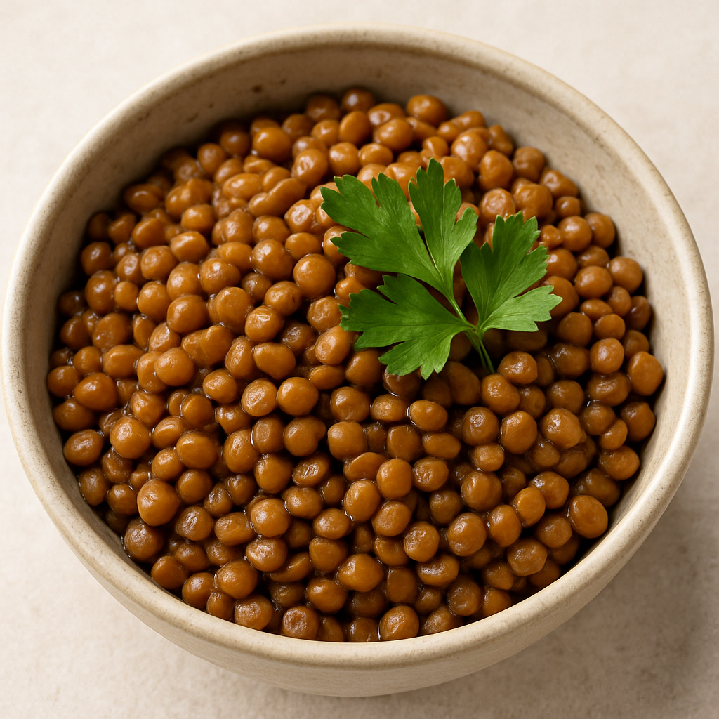 A bowl of cooked brown lentils garnished with fresh parsley – protein-rich superfood for energy, digestion, and heart health
