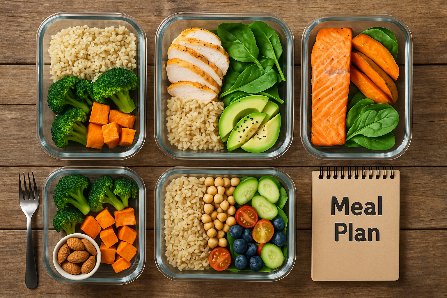 Flat lay of healthy meal prep containers with quinoa, salmon, chicken, broccoli, sweet potatoes, avocado, spinach, chickpeas, and fresh salad, with a notepad labeled Meal Plan.