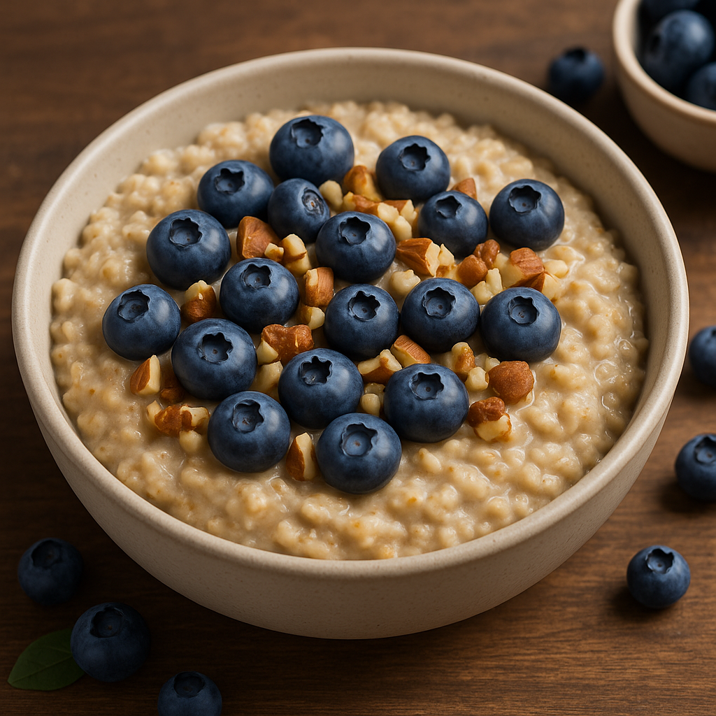 Oatmeal topped with fresh blueberries and nuts – healthy breakfast superfood for energy and immunity