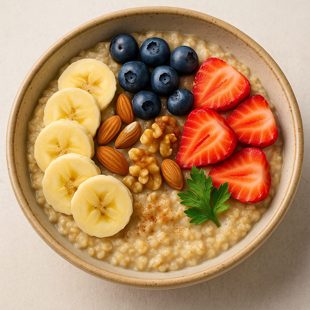 Warm bowl of creamy oatmeal topped with banana slices, blueberries, strawberries, almonds, and walnuts – a fiber-rich superfood breakfast for energy and heart health
