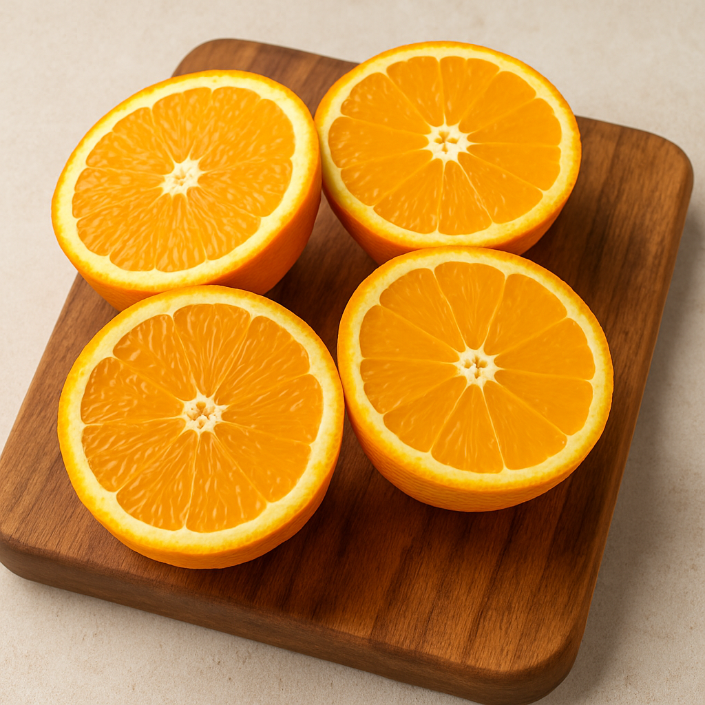Fresh orange halves on a wooden cutting board – vitamin C rich superfood for immunity, hydration, and skin health