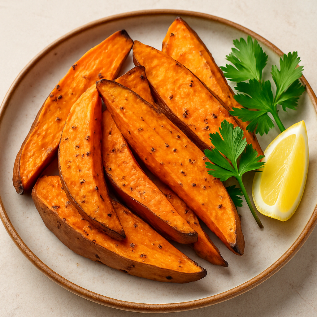 Roasted sweet potato wedges on a ceramic plate with parsley and lemon – beta-carotene rich superfood for energy, eye health, and immunity