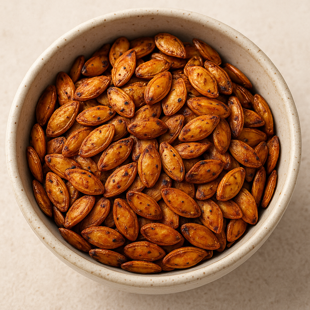 A rustic ceramic bowl filled with roasted pumpkin seeds seasoned with spices – magnesium and zinc-rich superfood for energy, heart health, and immunity
