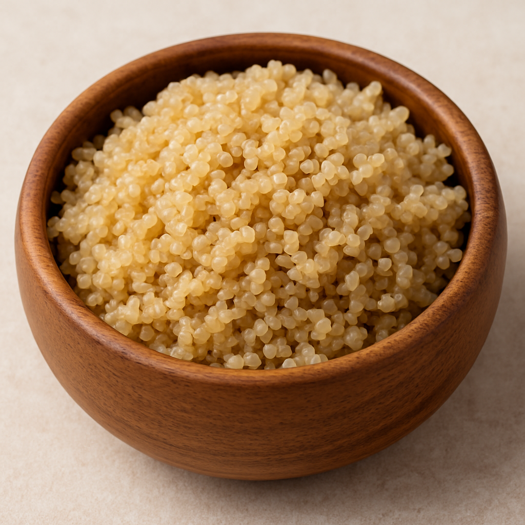 Cooked quinoa served in a rustic wooden bowl – a complete plant-based protein superfood rich in fiber, iron, and magnesium
