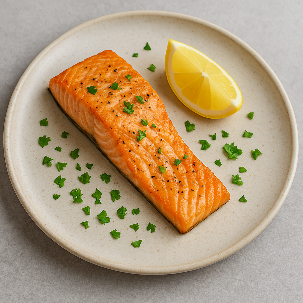 Grilled salmon fillet on a ceramic plate with lemon and parsley garnish – omega-3 rich superfood for heart health, brain function, and wellness