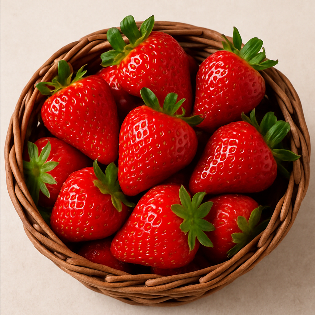 Fresh ripe strawberries in a rustic wicker basket – vitamin C rich superfood for immunity, skin health, and heart wellness