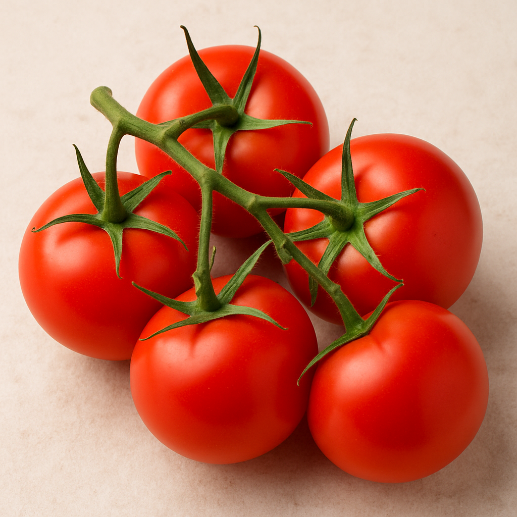 Fresh red tomatoes on the vine against a neutral background – antioxidant-rich superfood high in lycopene, vitamin C, and potassium for heart health and immunity