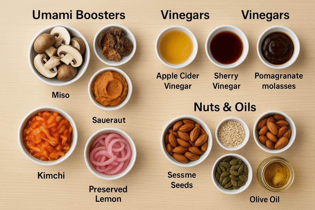 Top-down flat lay of natural umami boosters and salt alternatives for cooking, including mushrooms, miso, soy sauce, vinegars, tamarind, pomegranate molasses, kimchi, sauerkraut, pickled onions, preserved lemon, toasted nuts, sesame seeds, pumpkin seeds, and garlic-infused olive oil, neatly arranged in bowls on a light wooden counter.
