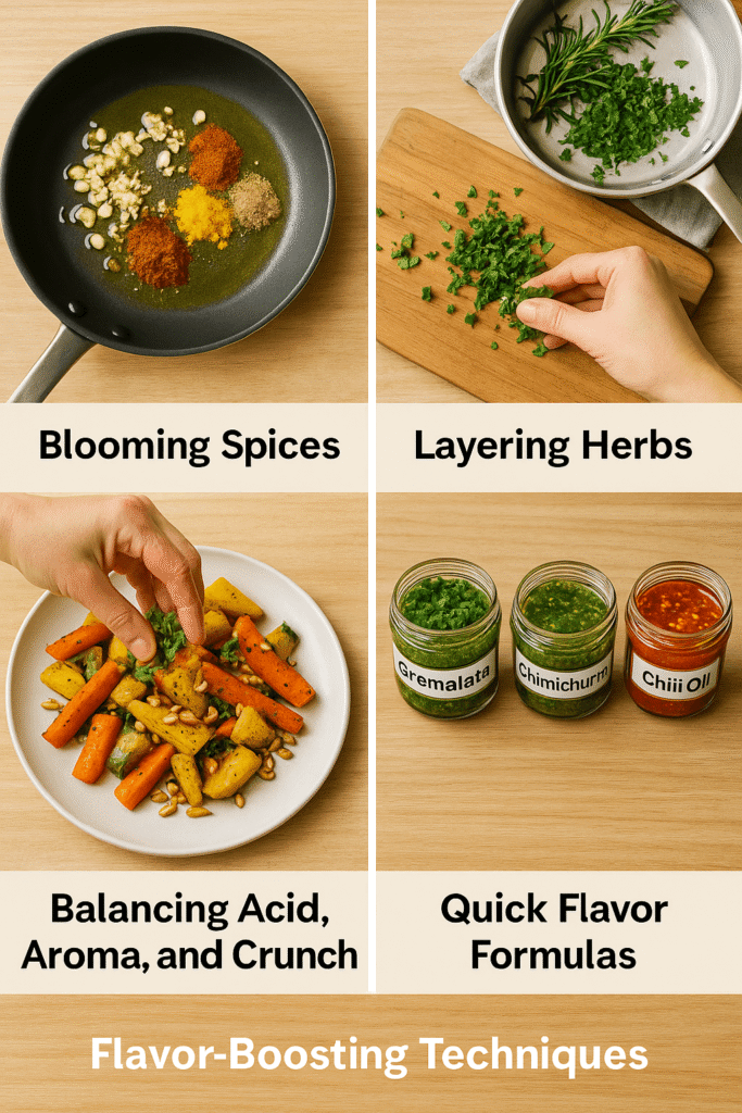 Infographic of four flavor-boosting cooking techniques without salt or sugar: blooming spices in oil, layering fresh herbs, balancing roasted vegetables with lemon and nuts, and quick flavor formulas like gremolata, chimichurri, and chili oil.