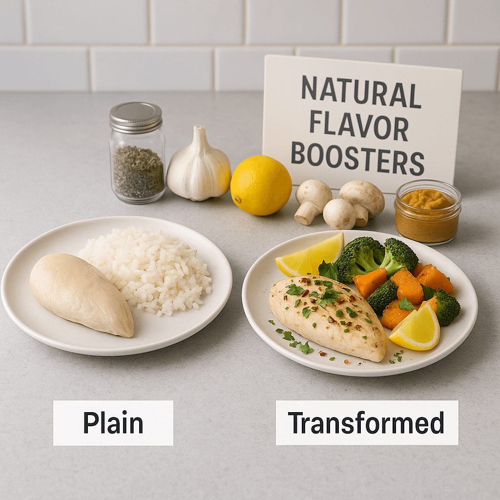 Before and after comparison of two plates: plain boiled chicken and rice versus a vibrant, flavorful meal with chicken topped with herbs, lemon wedges, and roasted vegetables, with natural flavor boosters like garlic, lemon, mushrooms, and miso in the background.