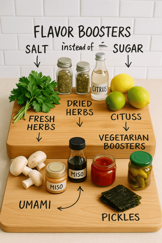 Wooden cutting board on a kitchen counter divided into five sections showing natural flavor boosters instead of salt and sugar: fresh herbs like parsley, dried herbs in jars, citrus fruits with vinegar, umami-rich foods like mushrooms and miso, and vegetarian boosters like seaweed and pickles.
